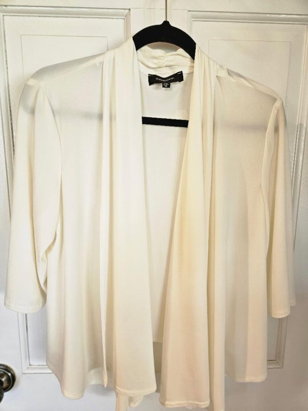 R & M Richards stretchy satin beige 3/4 sleeve draped top cardigan, XL